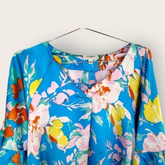 Umgee Womens Top Sz Small Oversized Blue Floral Puff Sleeves Coquette Whimsicore - Picture 4 of 9